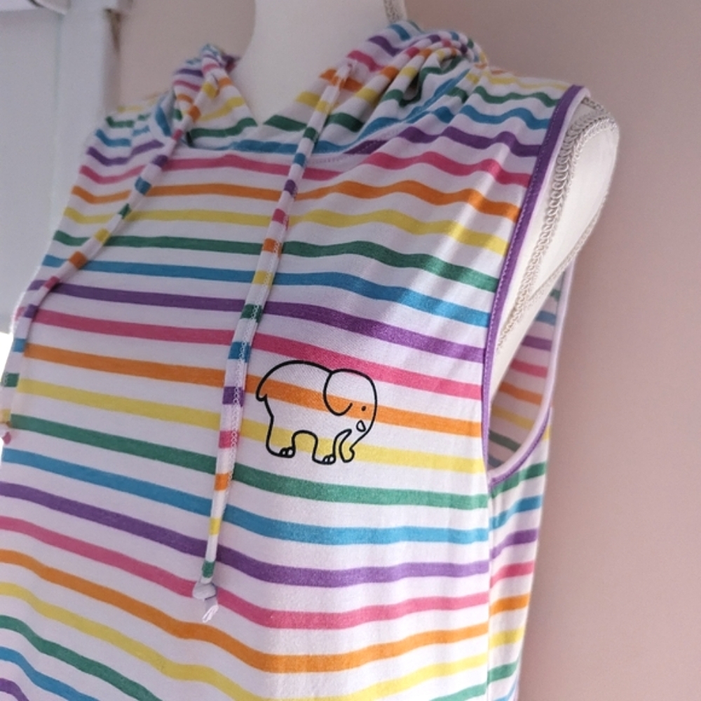 Rainbow Stripe Hooded Tank Dress with Elephant Motif
